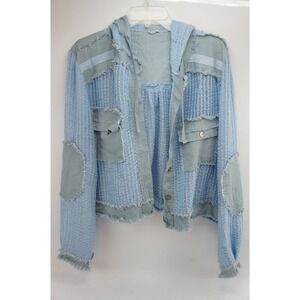 POL Lage Cropped Pieced Crochet Hooded Jacket Baby Blue Crochet Crop Size S